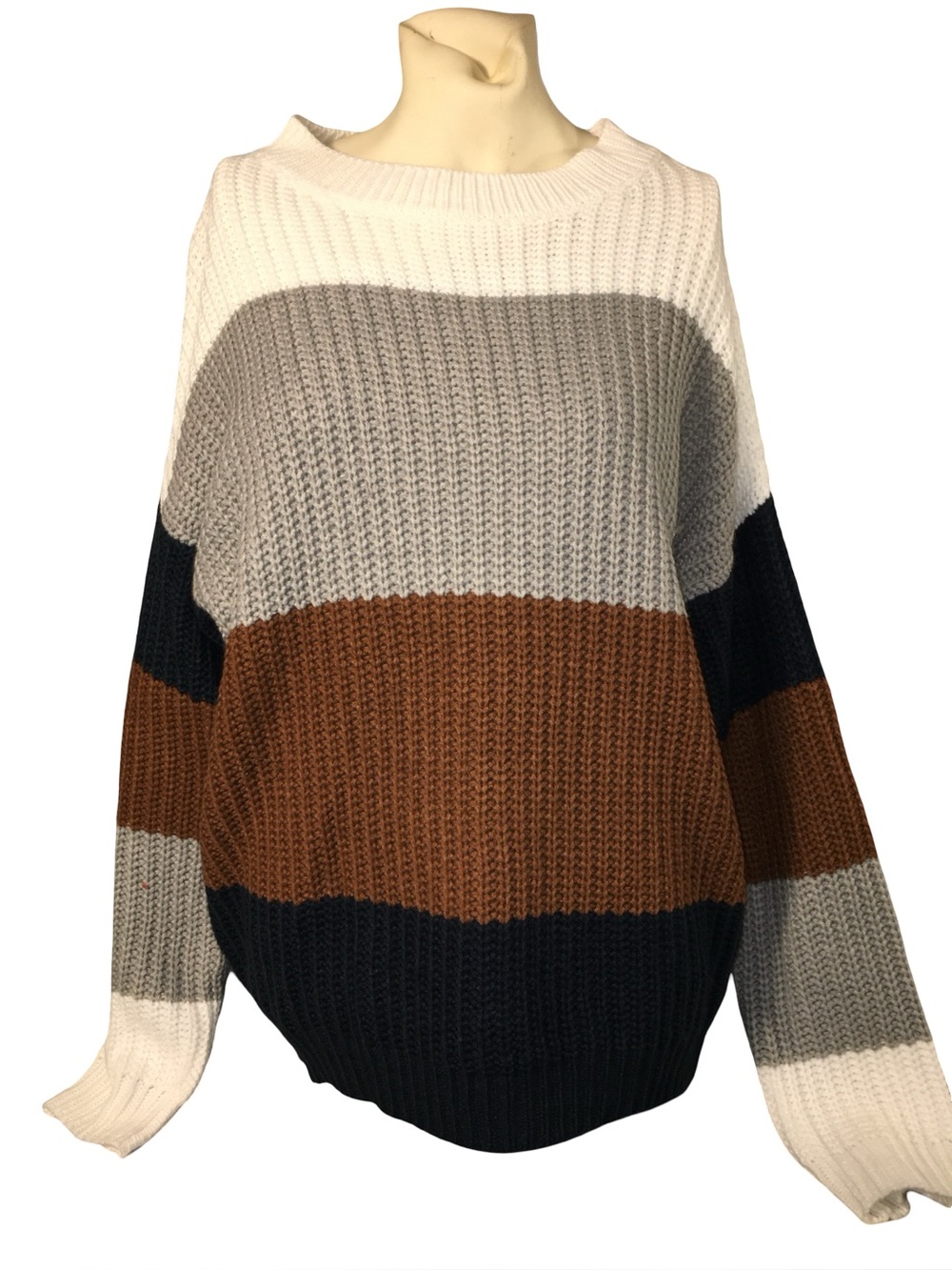 Colorblock Rib-Knit Sweater - White, Gray, Brown, Black